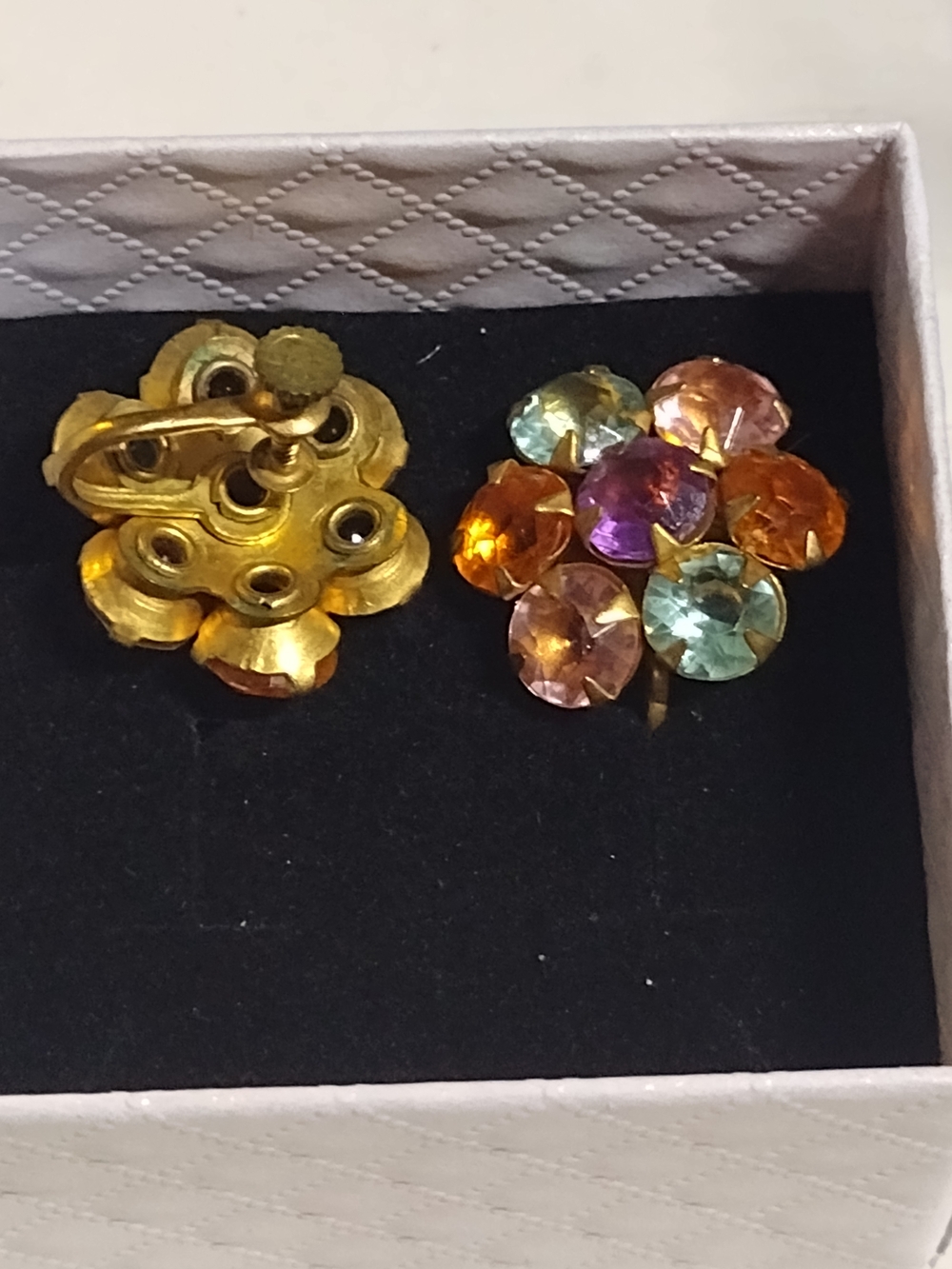 Vintage Multi-Color Crystal Cluster Clip-On Earrings - Gold Tone